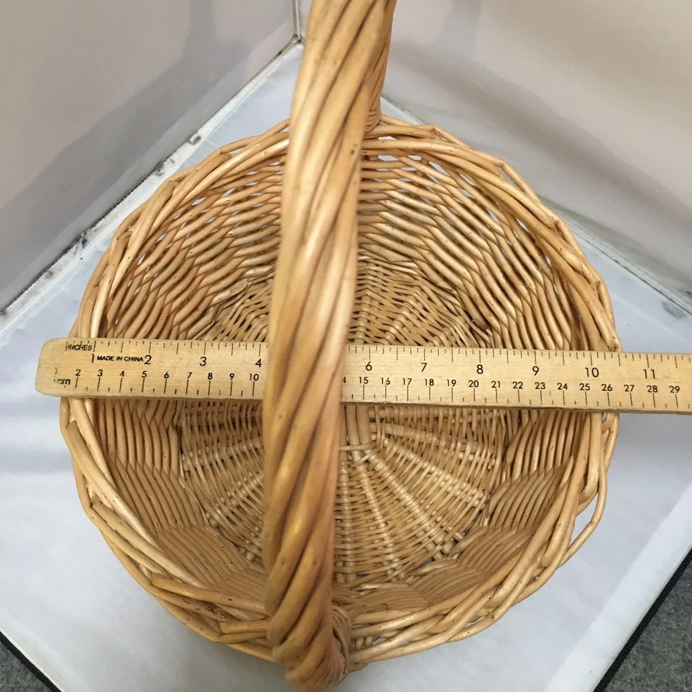 Wicker Round Basket Unisex Medium Tan Woven Willow with Handle Cottagecore
